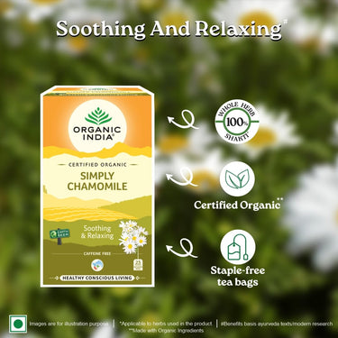 A TATA Product - Organic India Simply Chamomile Infusion, 25 Tea Bags, Certified Organic, Soothing & Relaxing, Caffeine-Free, Whole Herb Blend